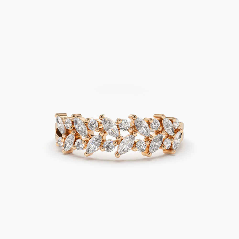 Solid Gold Two Row Marquise & Round Diamond Ring