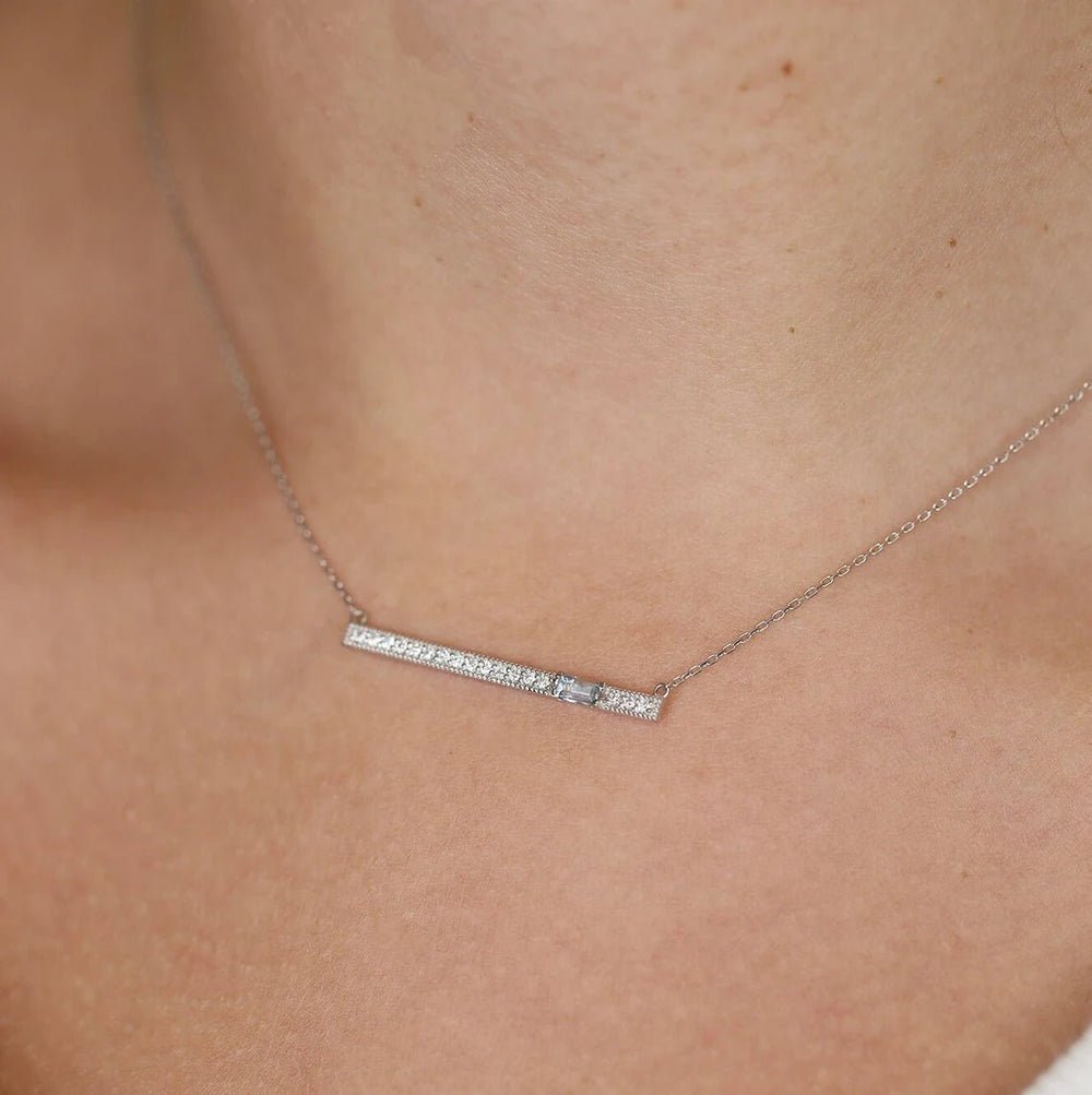 Solid Gold Aquamarine Diamond Bar Necklace (E53B3C)