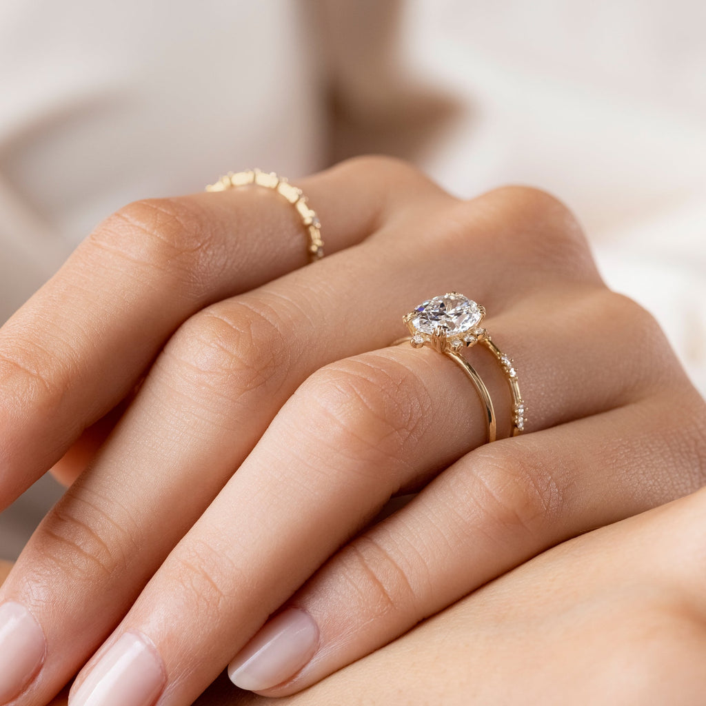 Solid Gold Threaded Ring with Halo, Oval Cut Diamond Engagement Ring