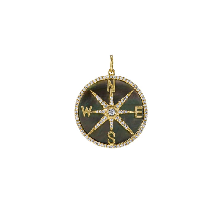 Solid Gold Diamond and Mother Of Pearl Compass Charm