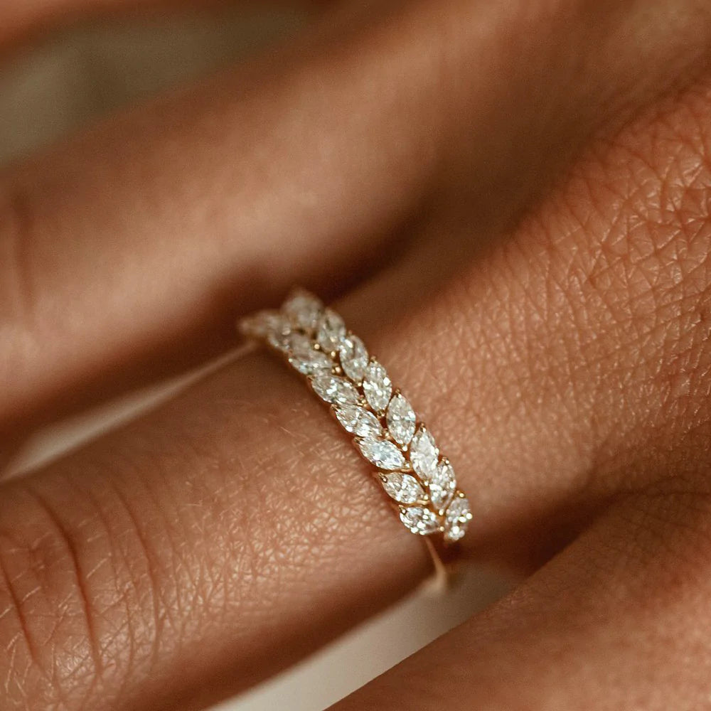 Solid Gold Half Eternity Two Rows Marquise Diamond Band