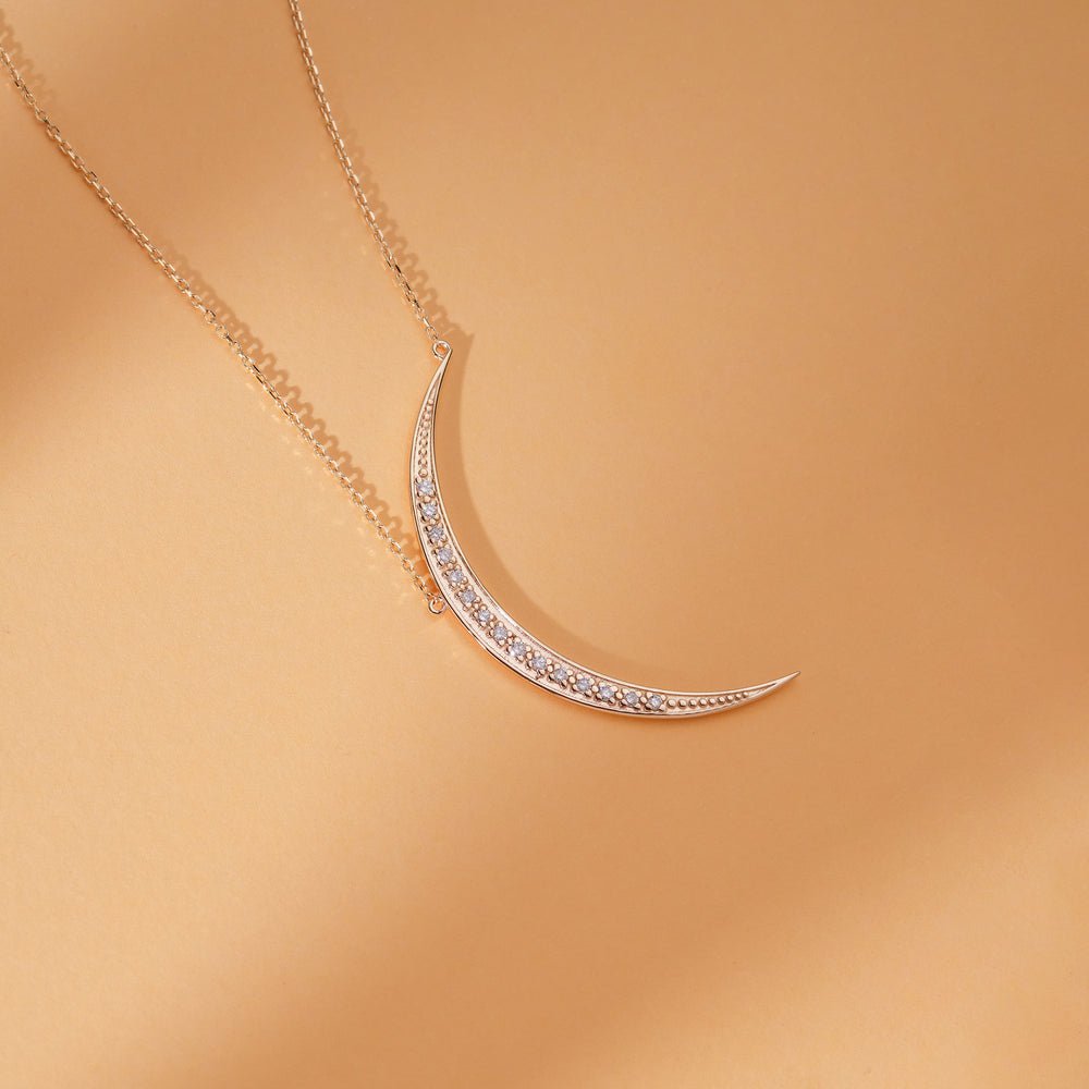 Solid Gold Large Diamond Crescent Necklace (14AA1C)