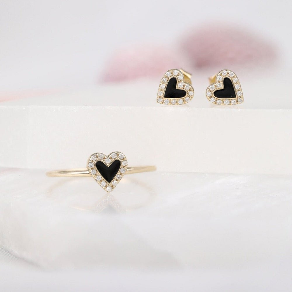 Solid Gold Diamonds Black Heart Studs