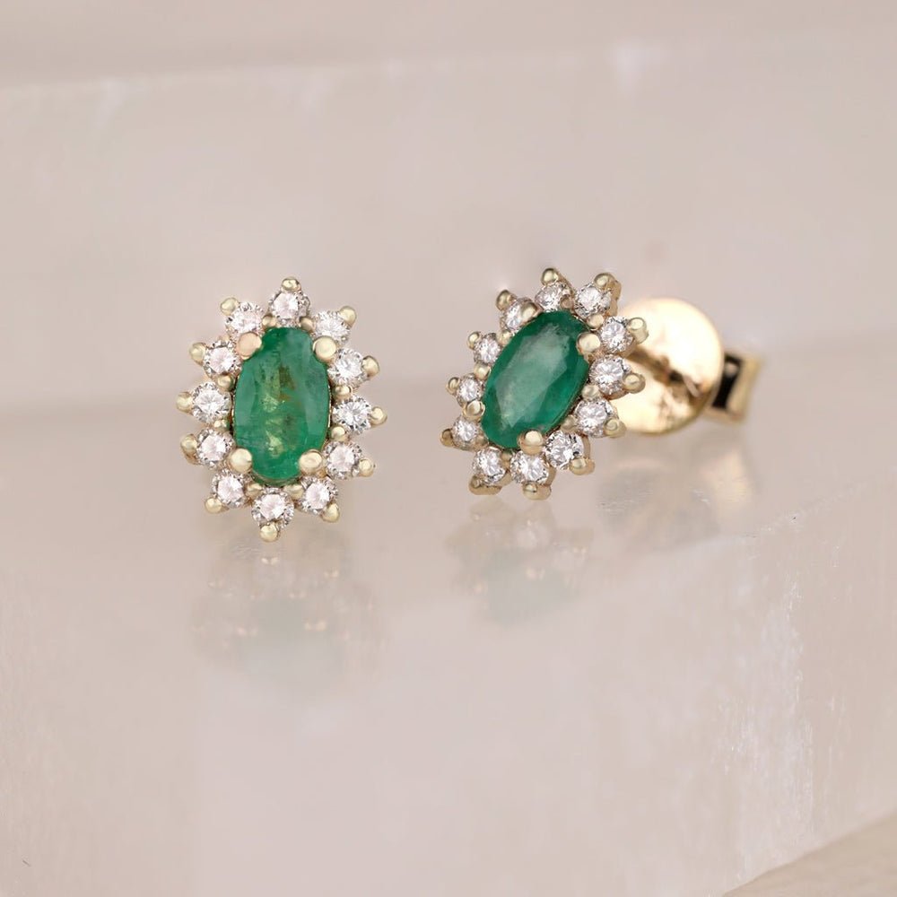 Solid Gold Oval Emerald Halo Diamond Studs