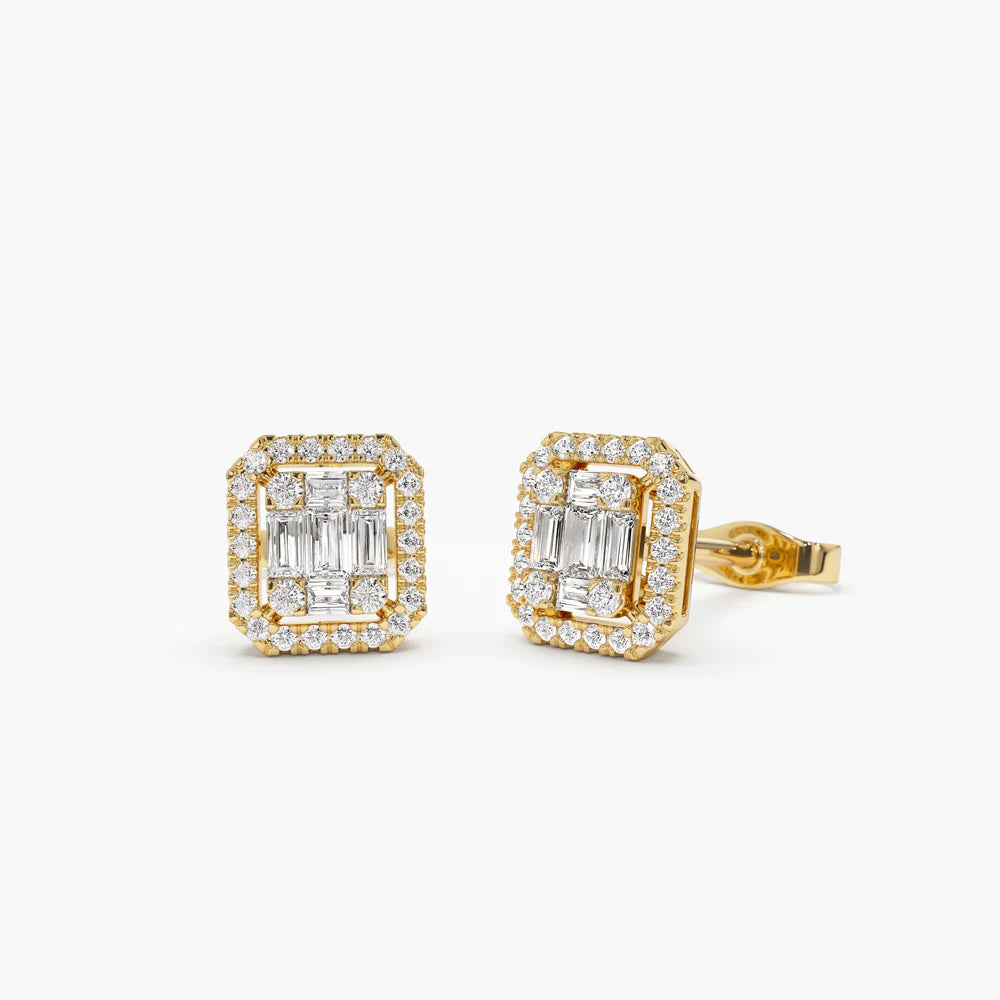 Solid Gold Baguette and Round Gold Diamond Studs for Women