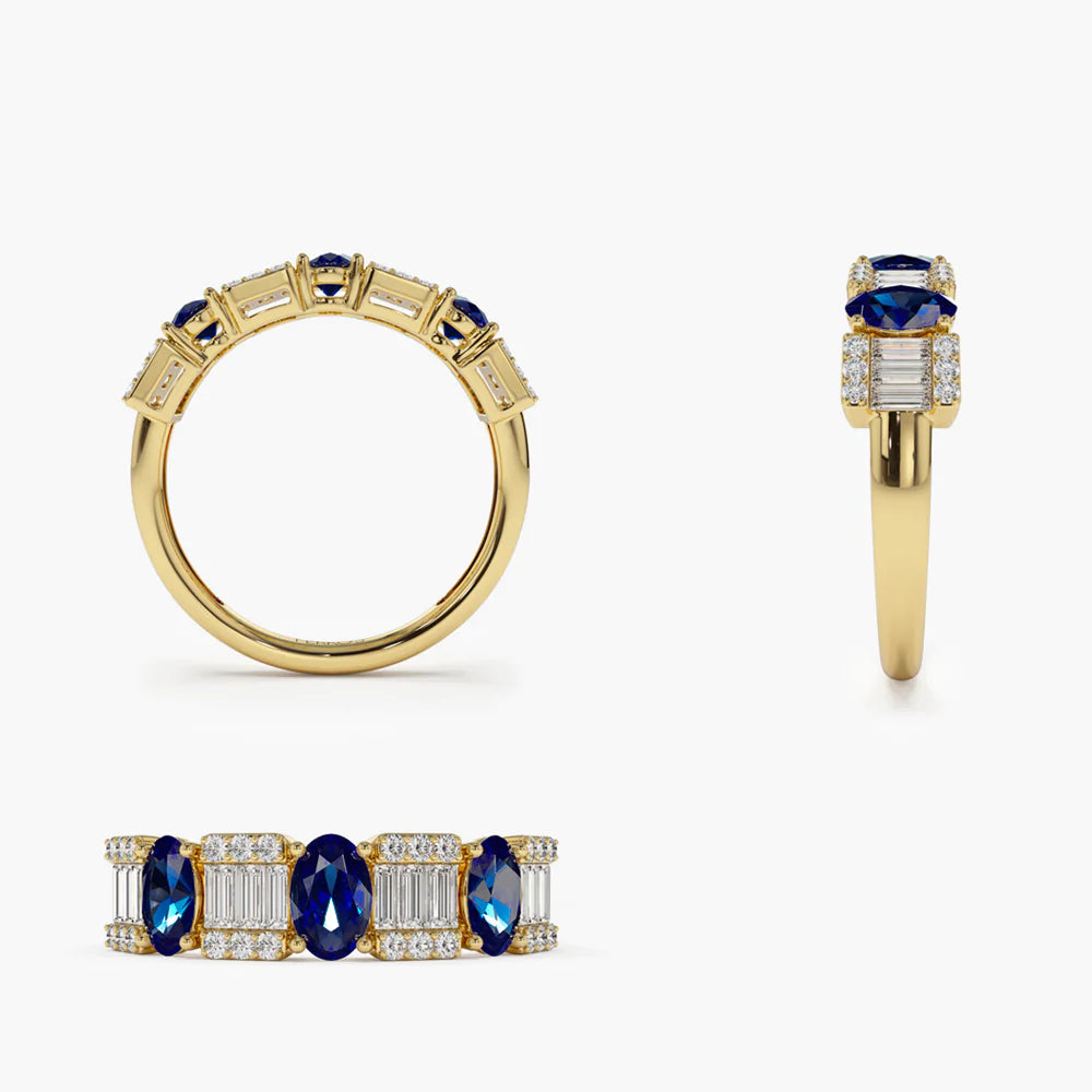 Solid Gold Baguette & Round Diamond with Genuine Sapphire Ring