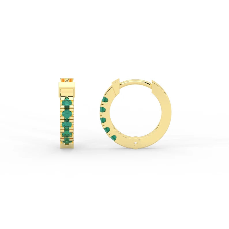Solid Gold Tiny Hoop Emerald Earrings