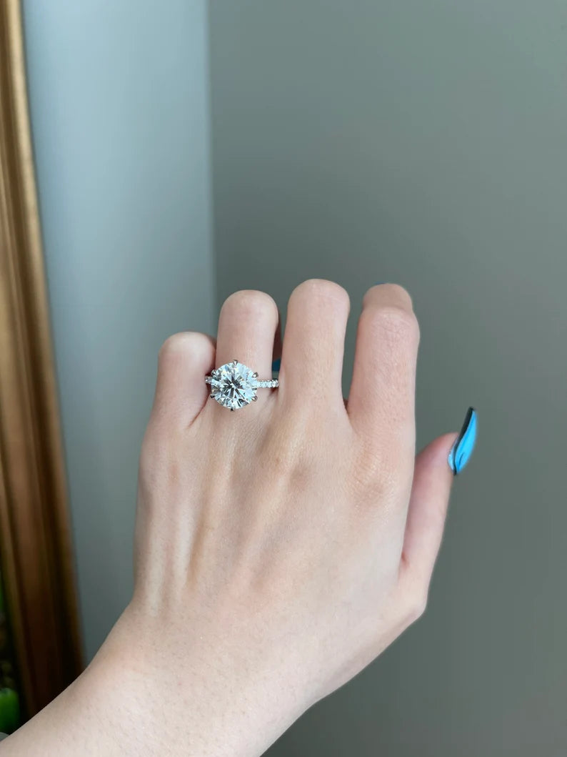 Engagement Ring - 5 Carat Brilliant Round Moissanite 6-Prong High Profile Pav