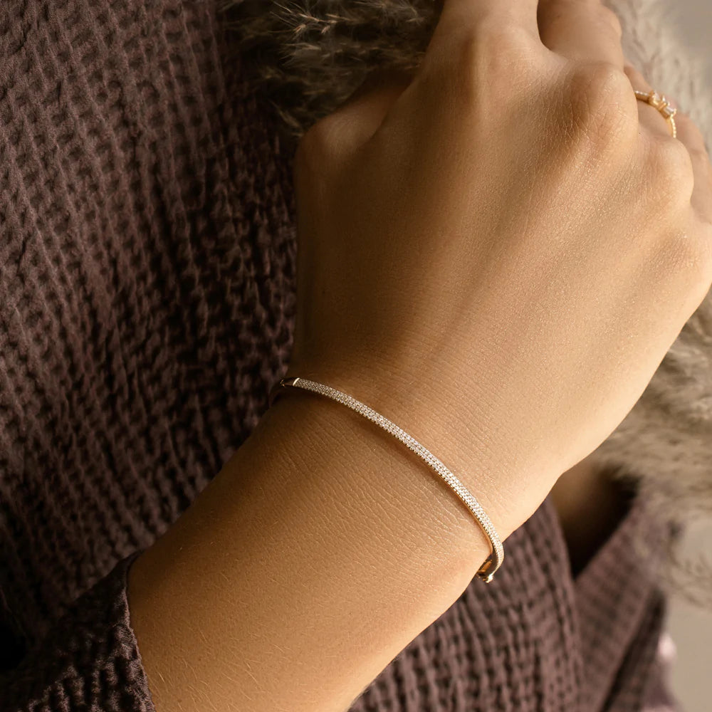 Solid Gold Two Pave Diamond Bangle Bracelet