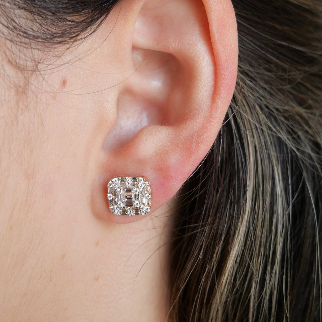 Solid Gold Diamond Illusion Square Stud Earring