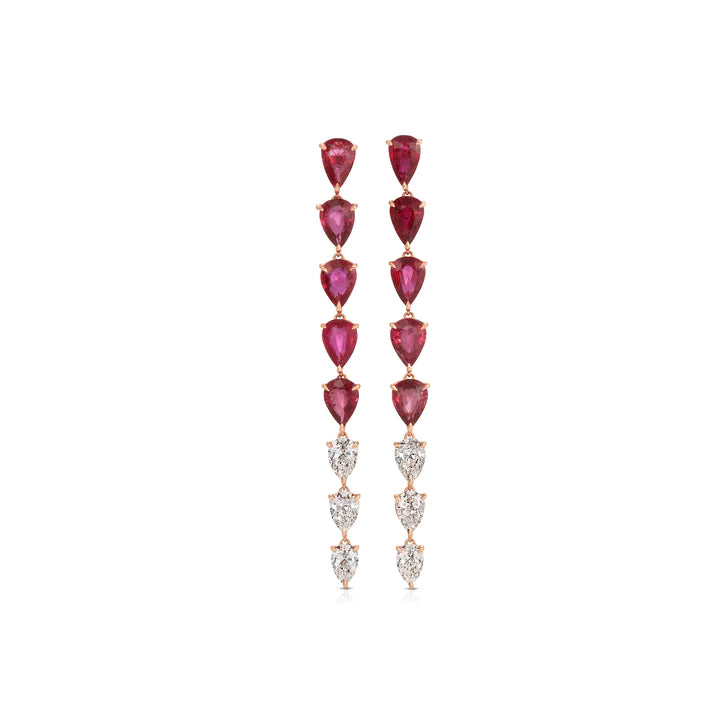 Solid Gold Long Ruby And Diamond Pear Shape Drop Earrings