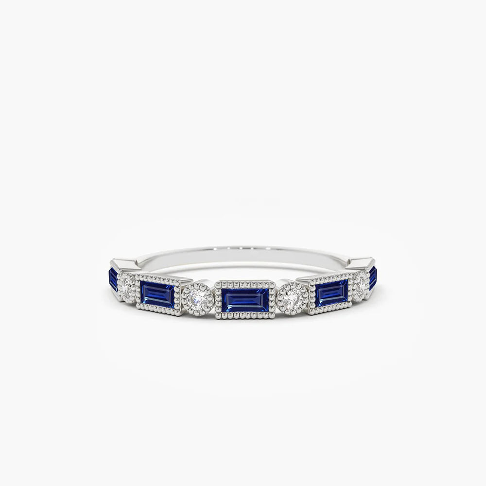 Solid Gold Sapphire Baguette and Diamond Ring (0324D0)