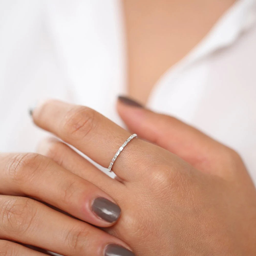 Solid Gold Ultra Thin Half Eternity Baguette Diamond Stackable Ring