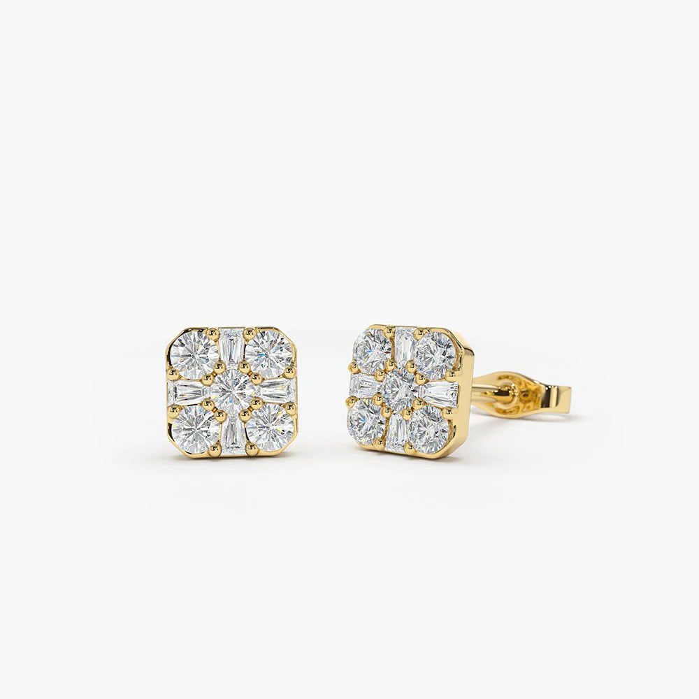 Solid Gold 2 CT Square Baguette and Round Lab-Grown Diamond Earrings