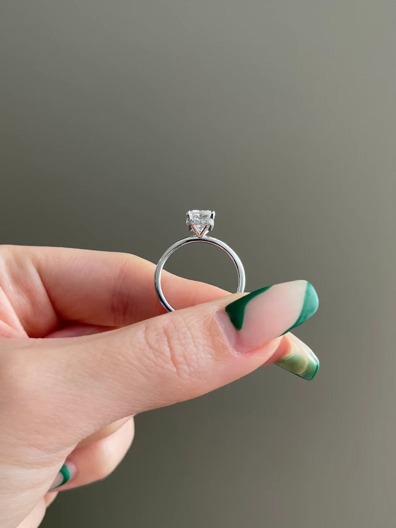 Solid Gold Engagement Ring 2 Carat Brilliant Emerald Cut Moissanite Hidden Halo
