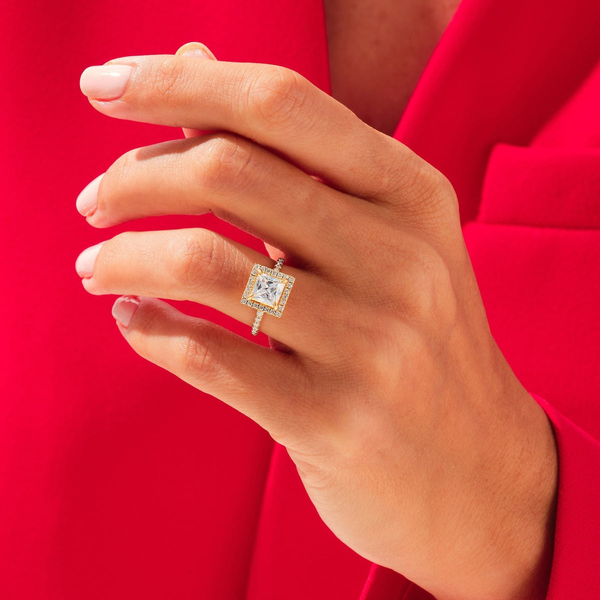 Gold Cushion Cut Halo Solitaire Ring 2 ct Lab Grown Diamond