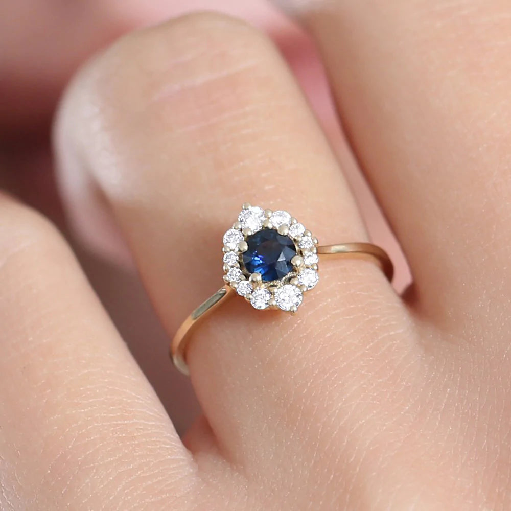 Solid Gold Round Sapphire Halo Diamond Engagement Ring