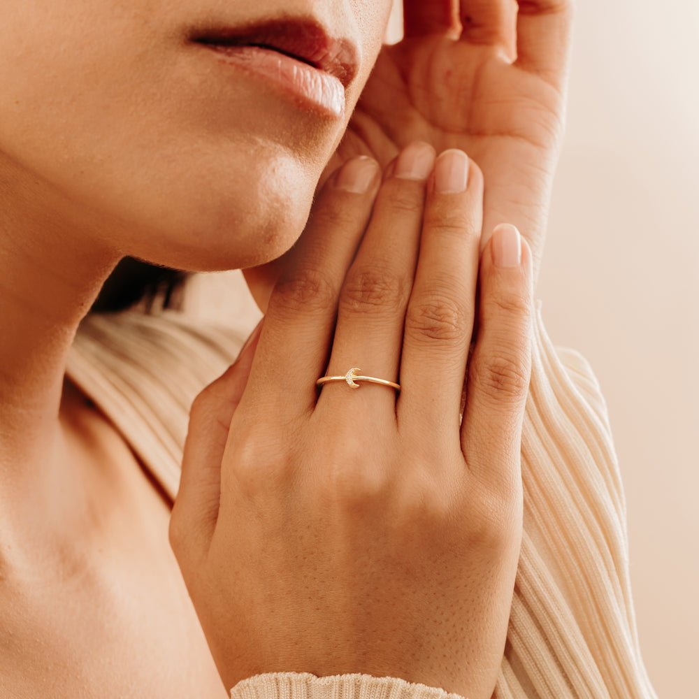 14K Solid Gold Diamond Crescent Ring
