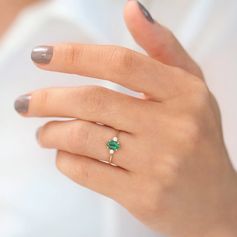Solid Gold Oval Shape Emerald and Diamond 3 Stone Ring