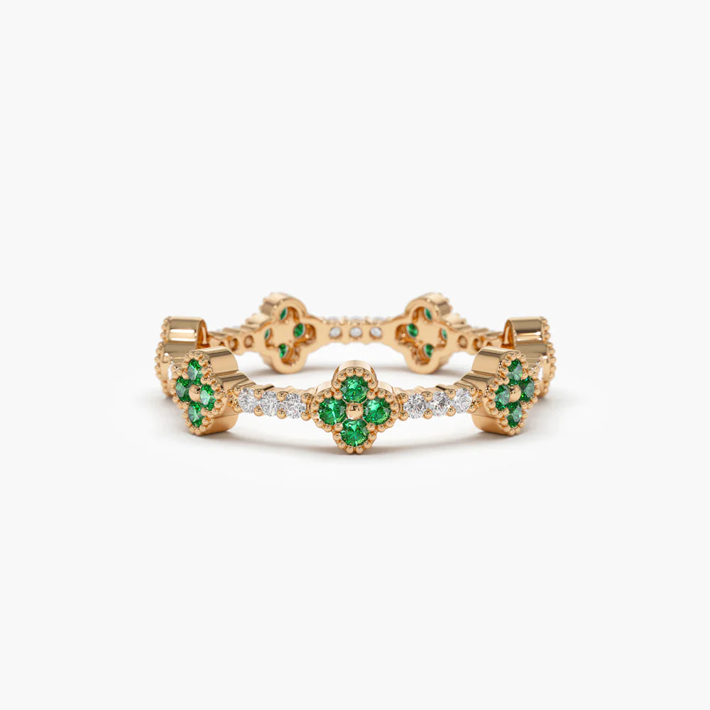 Solid Gold Full Eternity Clover Emerald and Diamond Ring