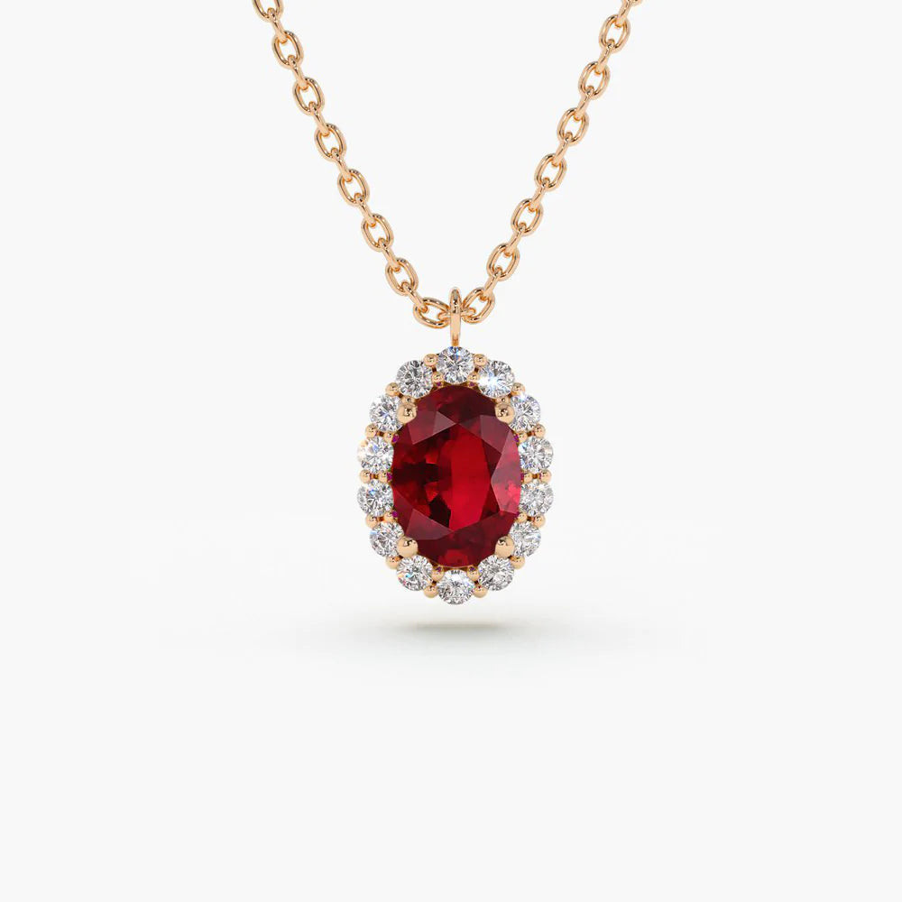 Solid Gold Oval Cut Ruby Halo Diamond Necklace