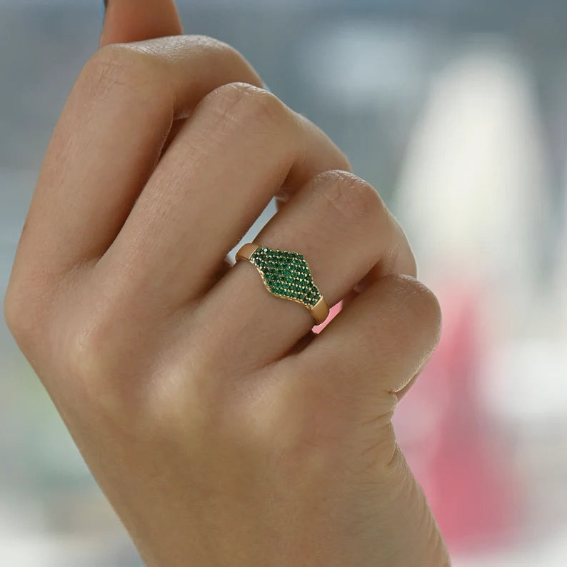 Solid Gold Emerald Flat Pave Signet Ring