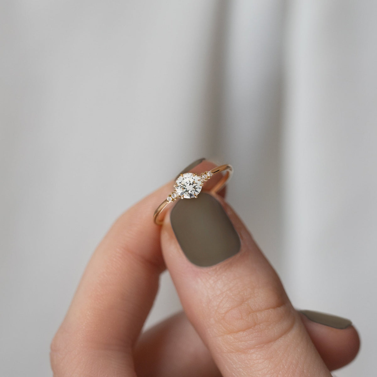 Solid Gold Poppy Seed Ring, Round Cut Diamond Moissanite Engagement Ring