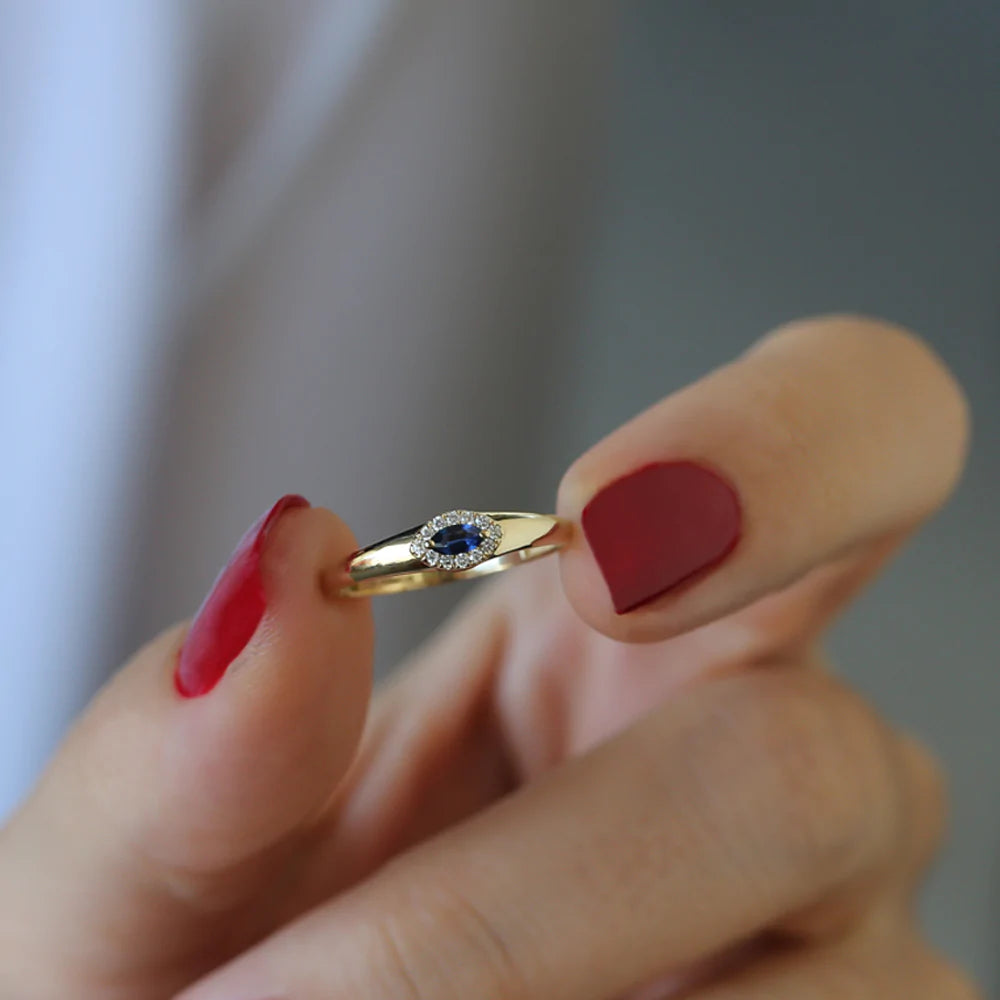 Solid Gold Marquise Sapphire Ring in Halo Setting
