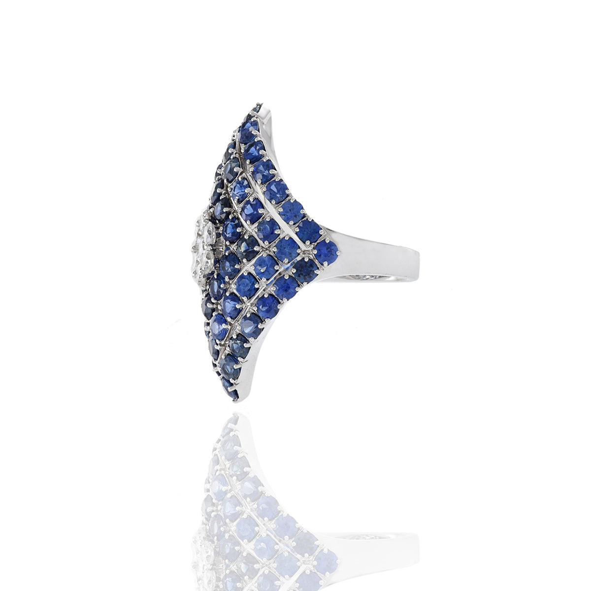 Solid Gold Blue Sapphire And Diamond Flower Center Ring