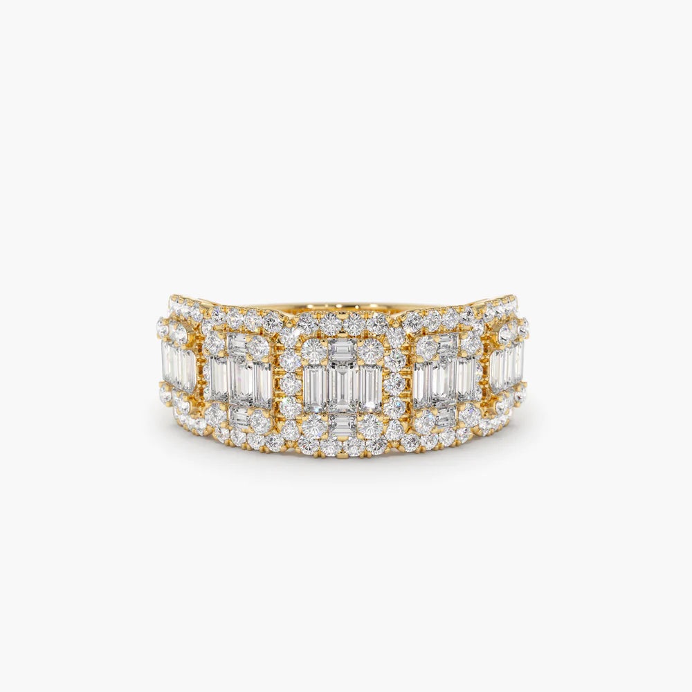Solid Gold Baguette and Round Halo Diamond Ring