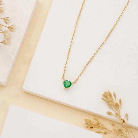 18K Solid Gold Emerald Heart Necklace - Style B