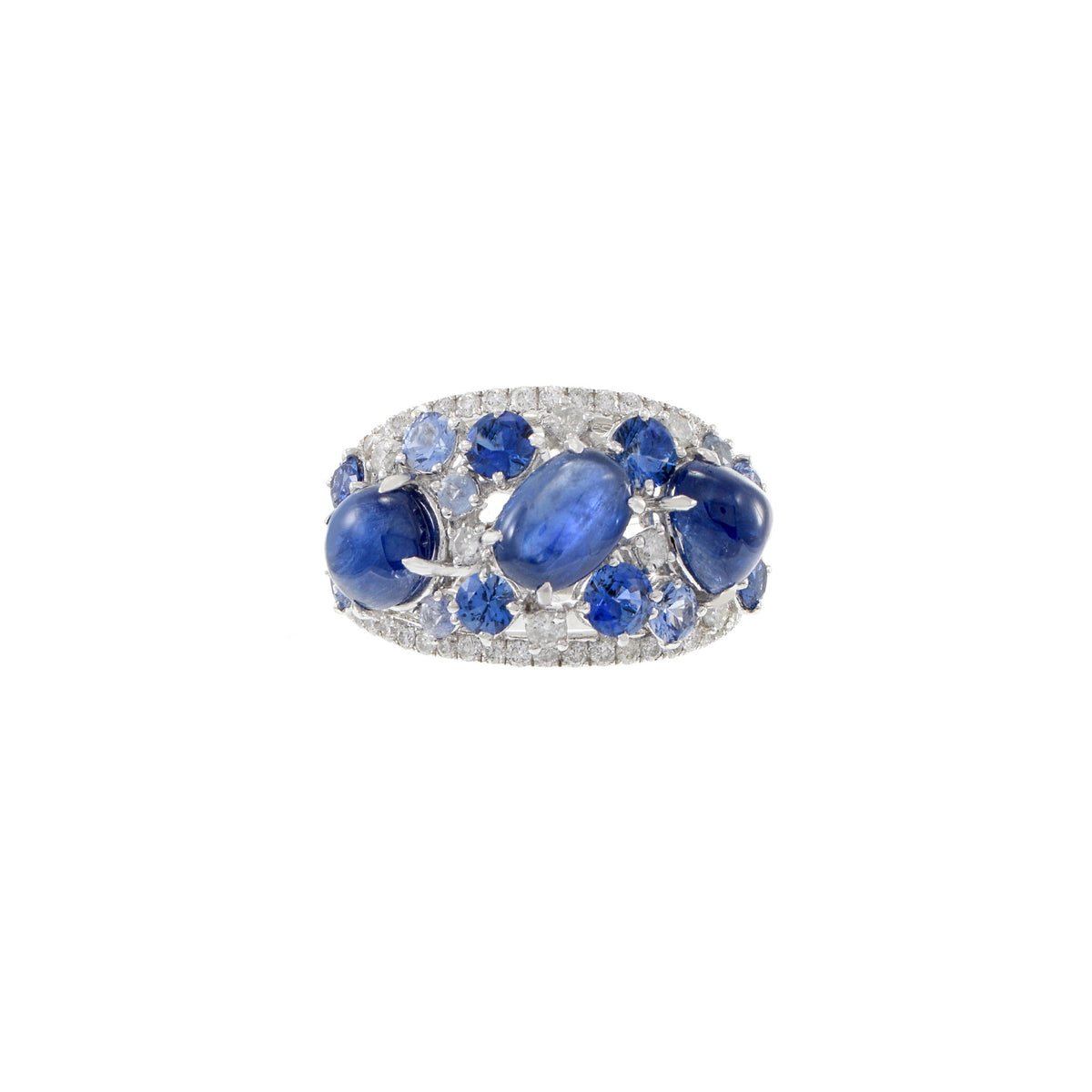 Solid Gold Cabochon Blue Sapphire and Diamond Ring
