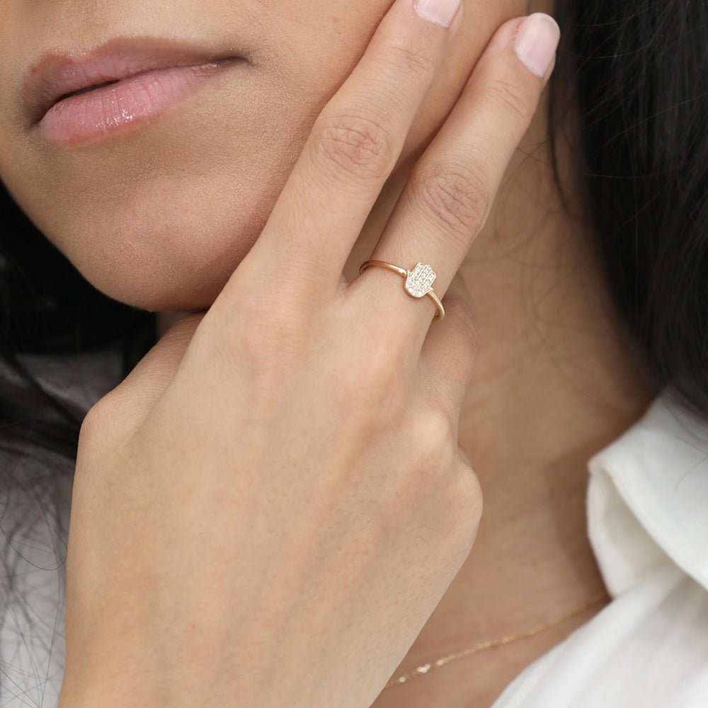 Solid Gold Mini Diamond Hamsa Ring (BB9FC0)
