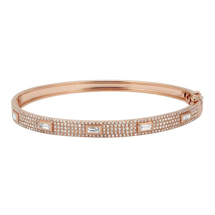 Solid Gold Diamond Pave Bangle With Inset Baguette Diamonds