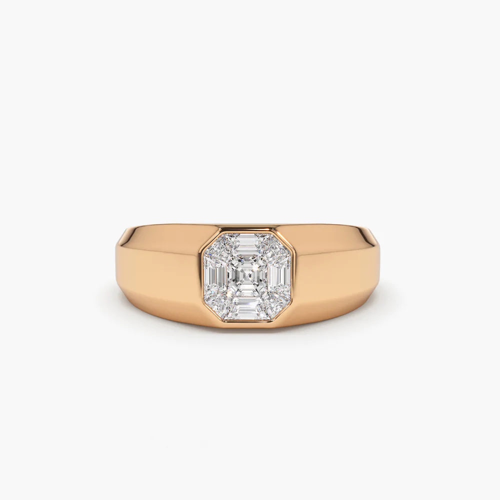 Solid Gold Asscher Cut Illusion Mosaic Solitaire Pinky Ring