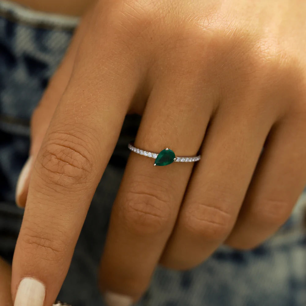 Solid Gold Slanted Pear Shape Emerald Ring with Pave Diamonds