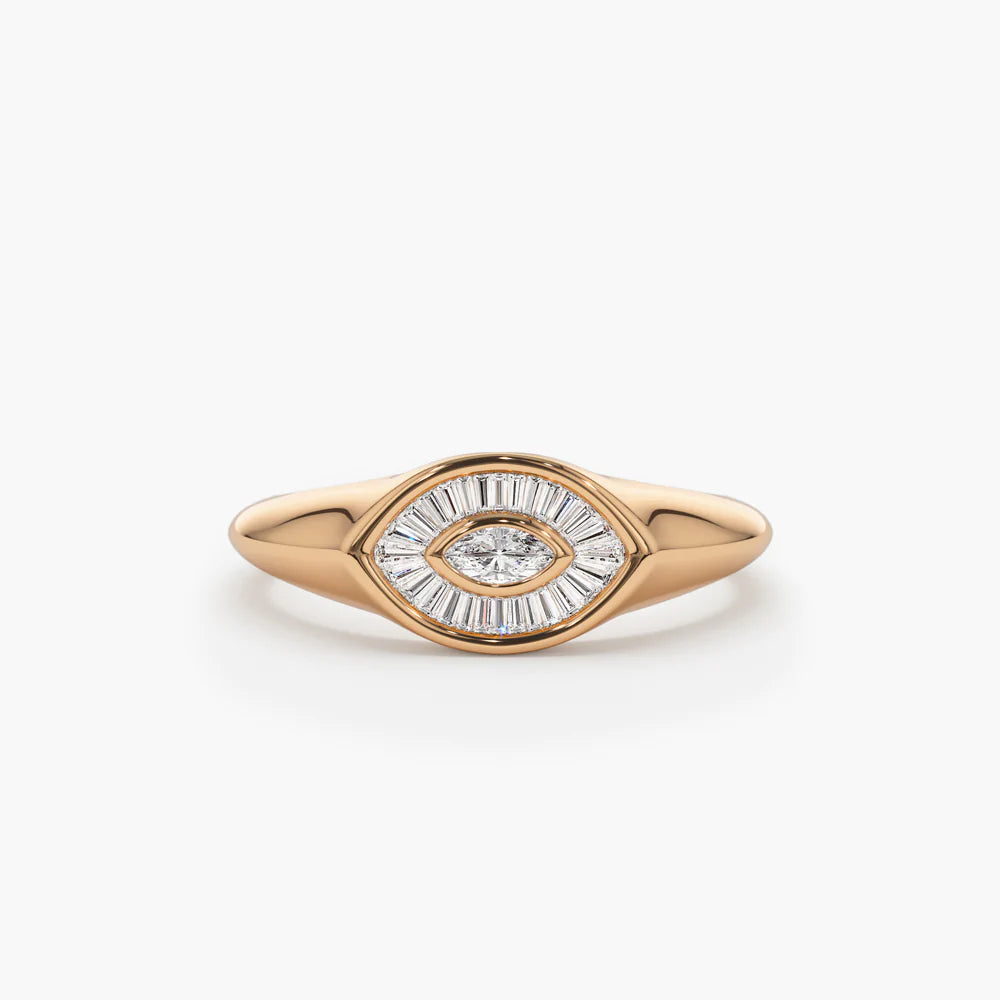 Solid Gold Marquise Shape Baguette Diamond Ring