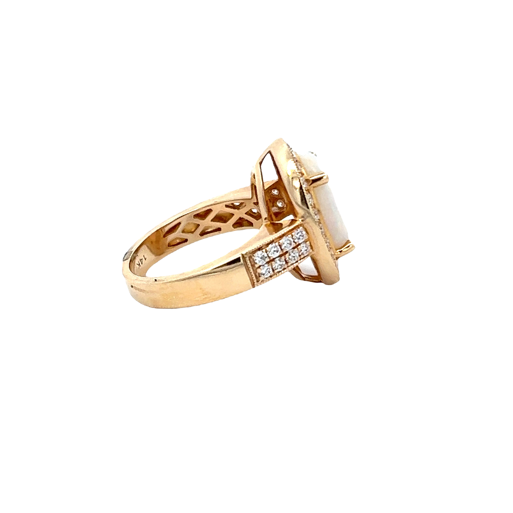 18K Solid Gold and Round Cut Diamond Opal Ring - Style A