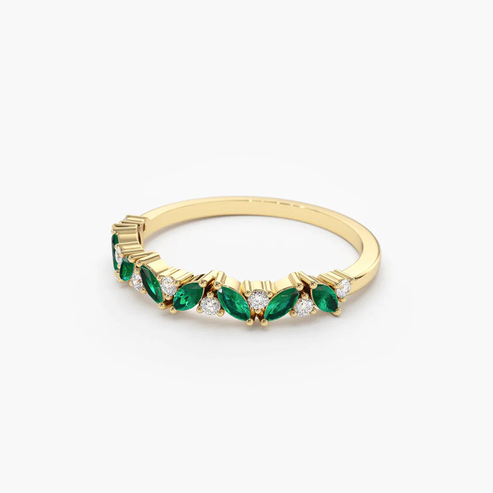 Solid Gold Slanted Emerald and Round Diamond Ring