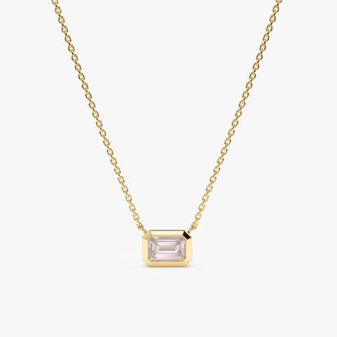 Solid Gold Emerald Cut Rose Quartz Necklace