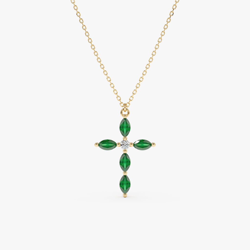 Solid Gold Marquise Emerald Cross Necklace (98E025)
