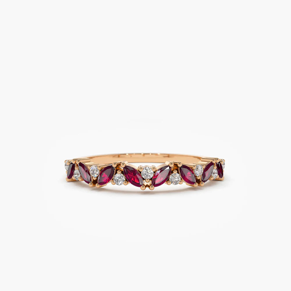 Solid Gold Slanted Ruby and Round Diamond Ring