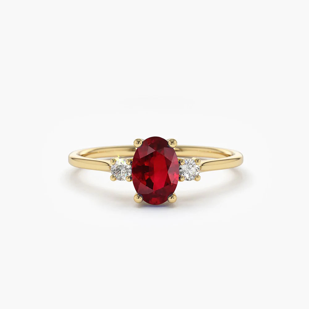 Solid Gold Oval Shape Ruby and Diamond 3 Stone Ring (89DC36)