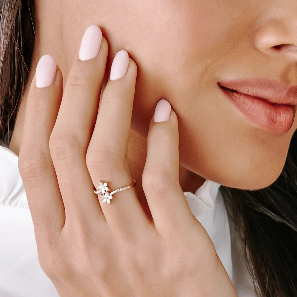 Solid Gold Marquise Diamond Flower Bypass Ring