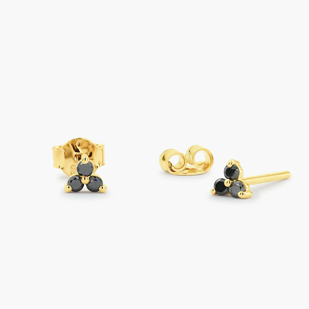 Solid Gold Tiny Black Lab-Grown Diamond Trio Stud Earrings