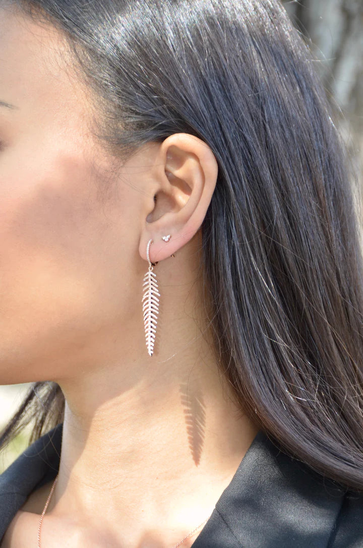 Solid Gold Diamond Feather Drop Earrings