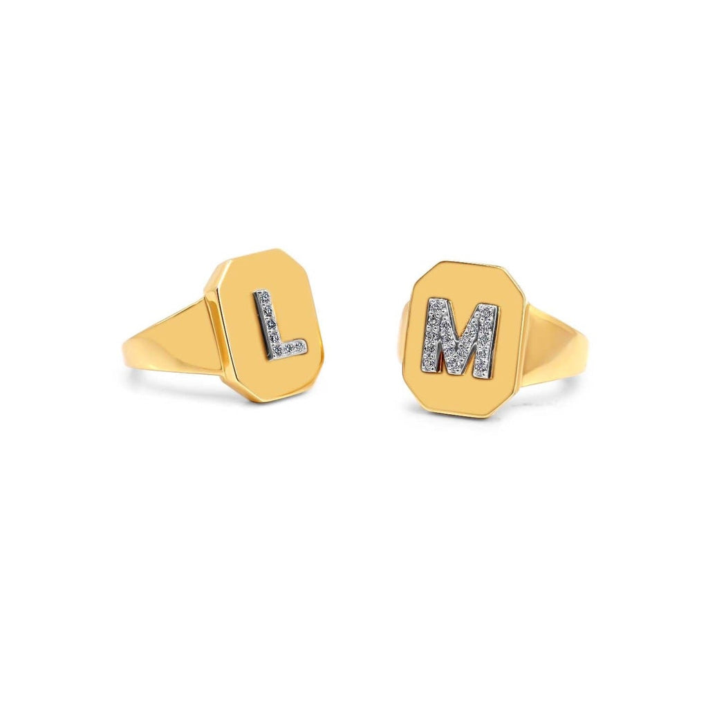 Solid Gold Diamond Initial Signet Ring (9FF117)
