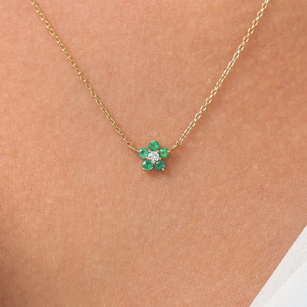 Solid Gold Emerald and Diamond Flower Charm Necklace