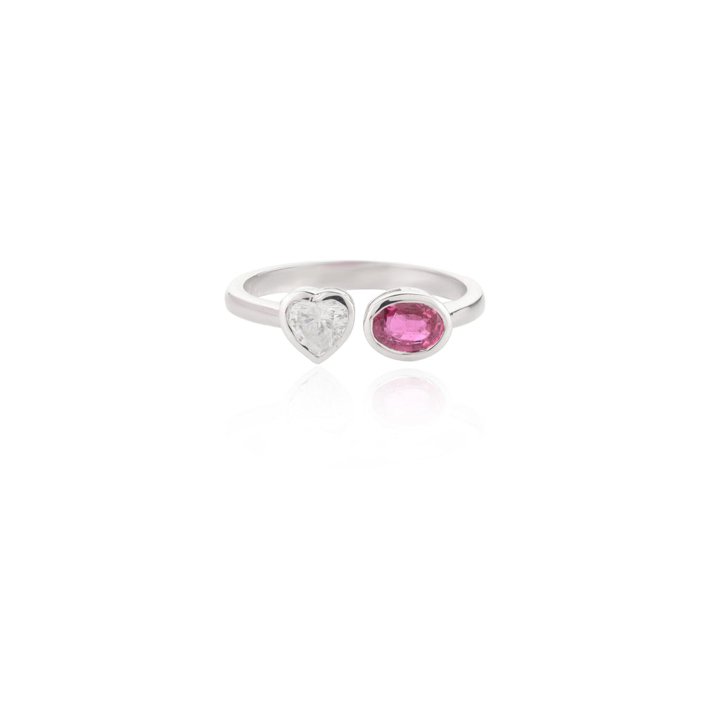Solid Gold Heart Diamond & Oval Ruby Toi et Moi Ring