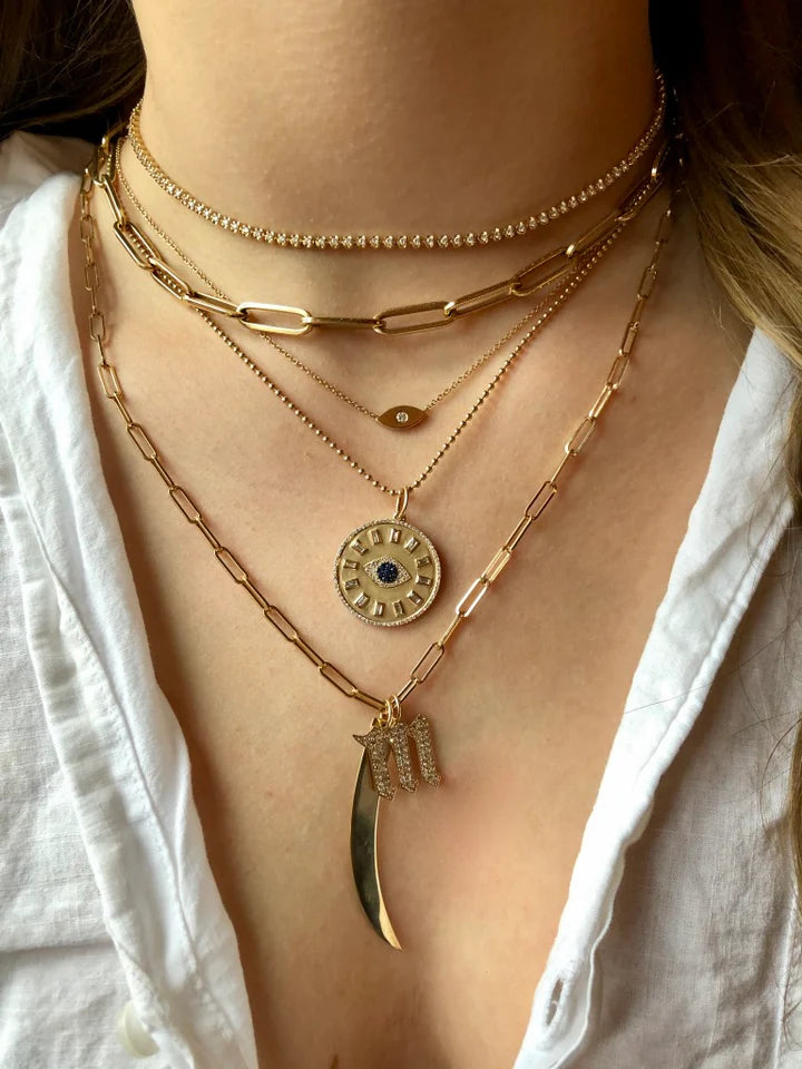 Solid Gold Baguette Diamond and Sapphire Evil Eye Talisman